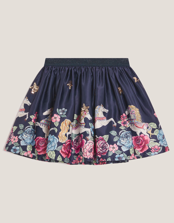 Floral Horse Print Satin Skirt, Blue (NAVY), large