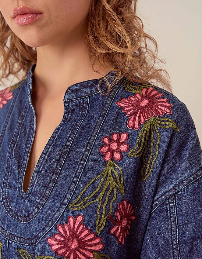 East Reyna Denim Embroidered Dress, Blue (INDIGO), large