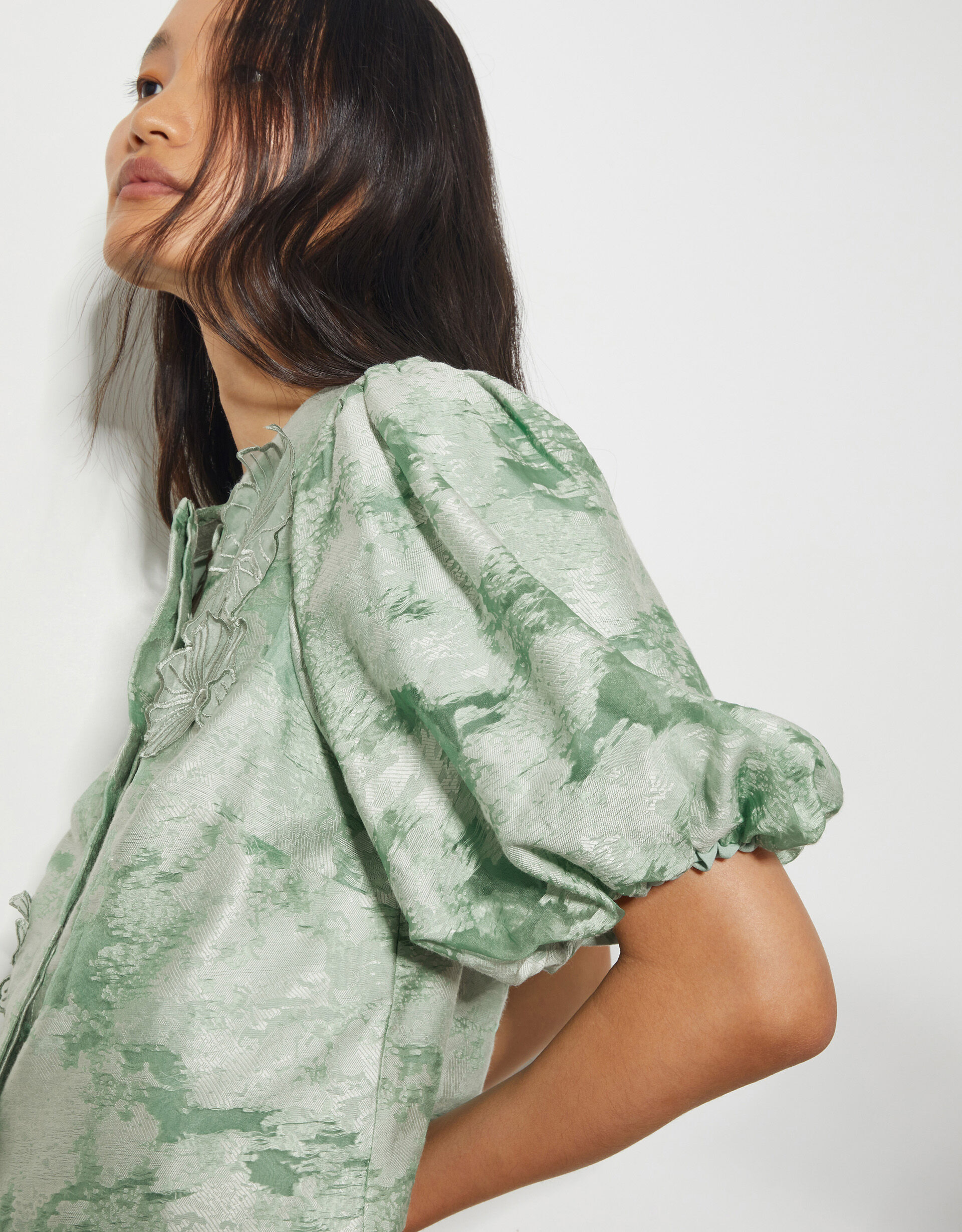 Josie Puff Sleeve Floral Jacquard Top Green