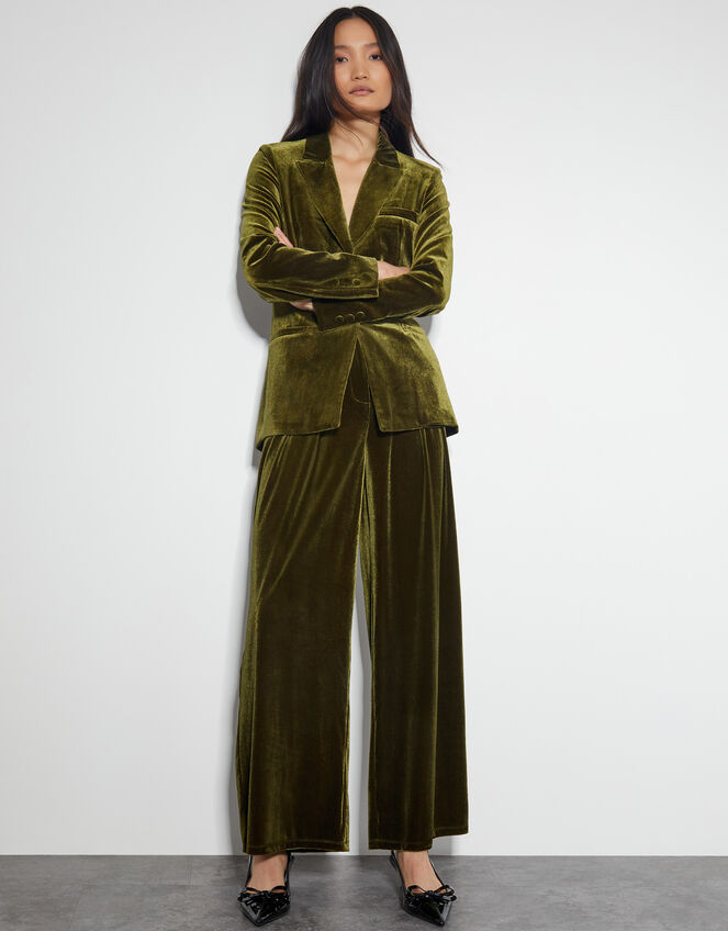 Valery Wide Leg Velvet Trousers, Green (OLIVE), large