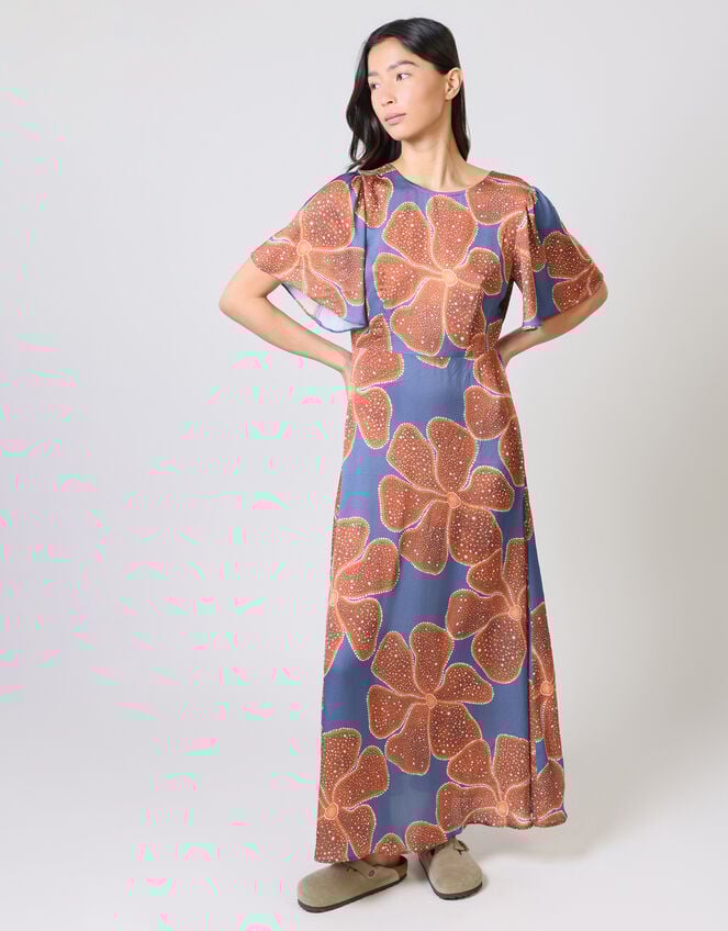 Traffic People Rene Flutter Floral Print Midi Dress, Blue (BLUE), large