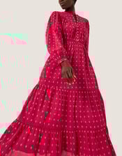 Poppy Long Sleeve Tiered Midi Dress, Red (RED), large