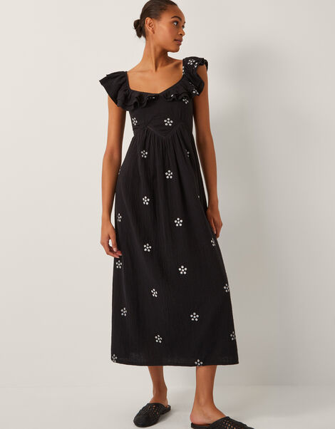 Daisy Frill Embroidered Midi Dress, Black (BLACK), large