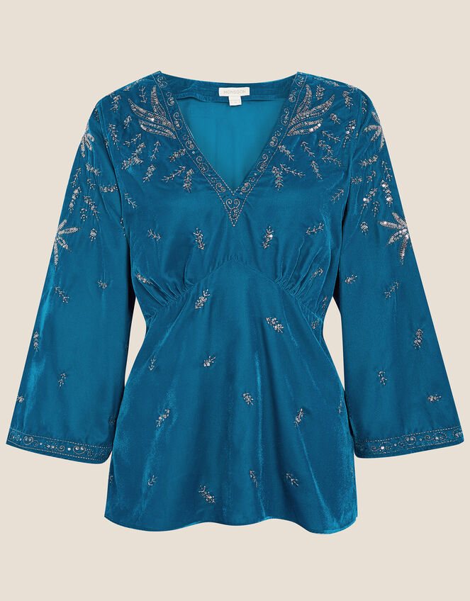 Carly Embroidered Velvet Top, Teal (TEAL), large