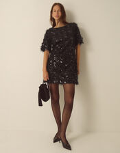 Skylar Short Sleeve Sequin Fringe Mini Dress, Black (BLACK), large