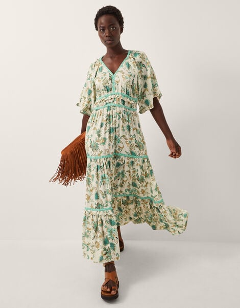 Saoirse Floral Tiered Midi Dress, Ivory (IVORY), large