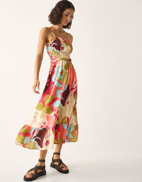 Iris Floral Print Bandeau Midi Dress, Orange (CORAL), large