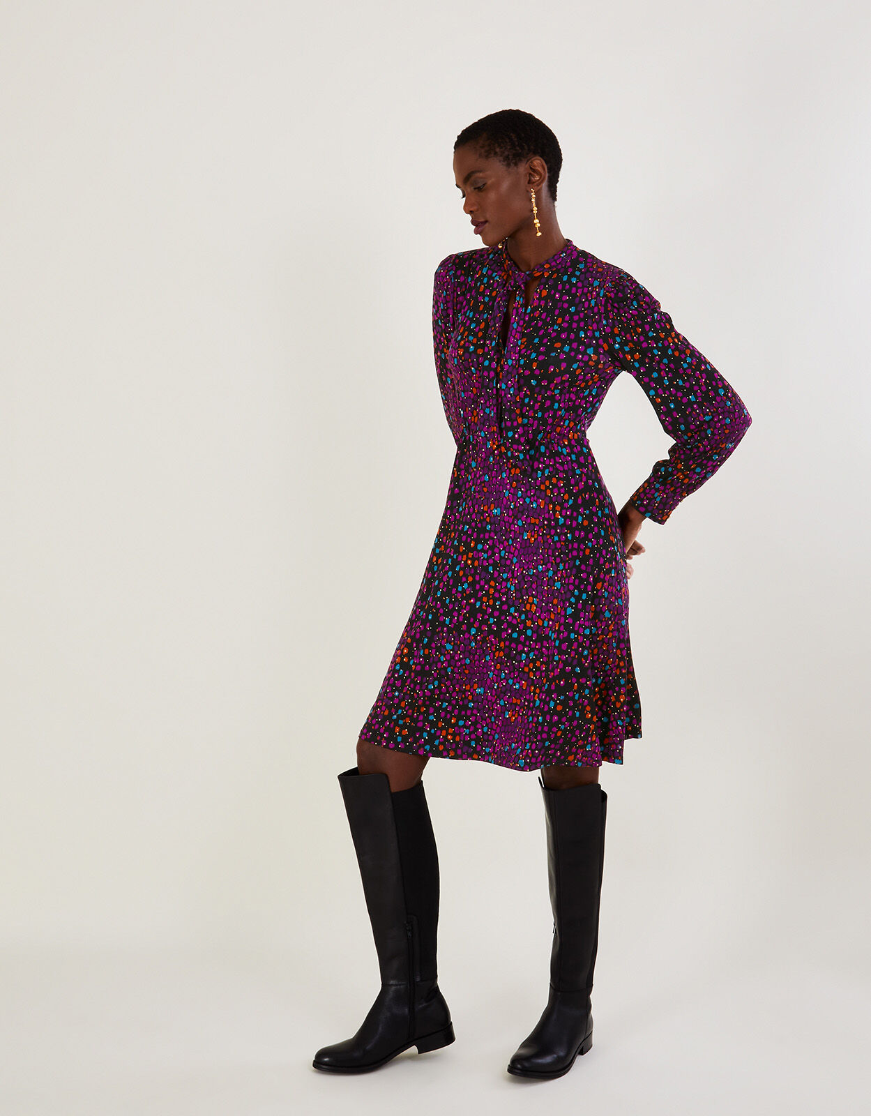 All Over Foil Print Jersey Dress Black