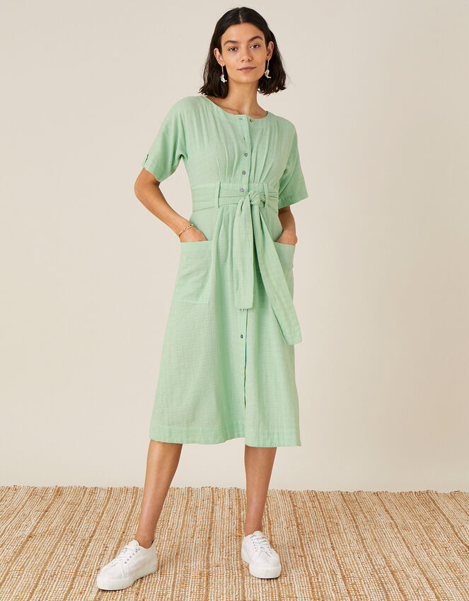 Crosshatch Midi Dress in Pure Cotton, Green (GREEN), large