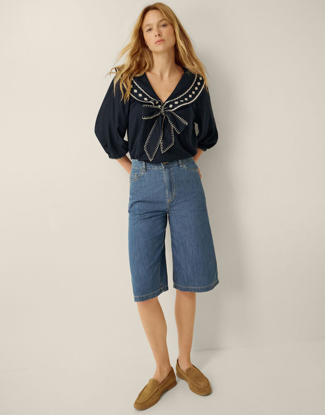 Lila Embroidered Sailor Collar Top, Blue (NAVY), large
