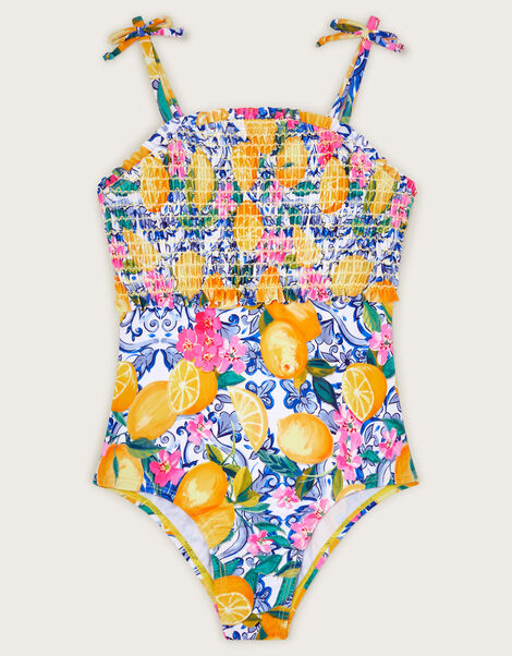 Lemon Print Smocked Swimsuit, Yellow (YELLOW), large