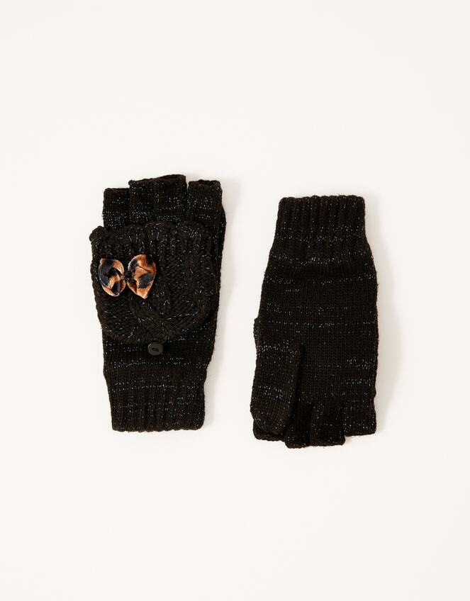 Leopard Bow Sparkle Capped Gloves, Black (BLACK), large