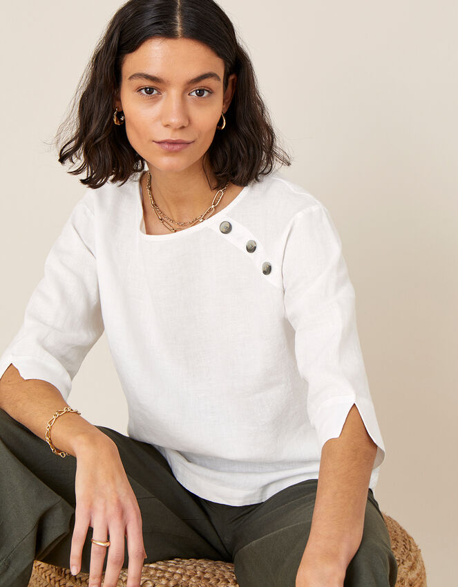 Rosewood Longline T-Shirt in Pure Linen, White (WHITE), large