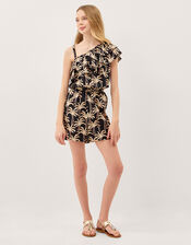 One-Shoulder Palm Print Frill Playsuit, Black (BLACK), large