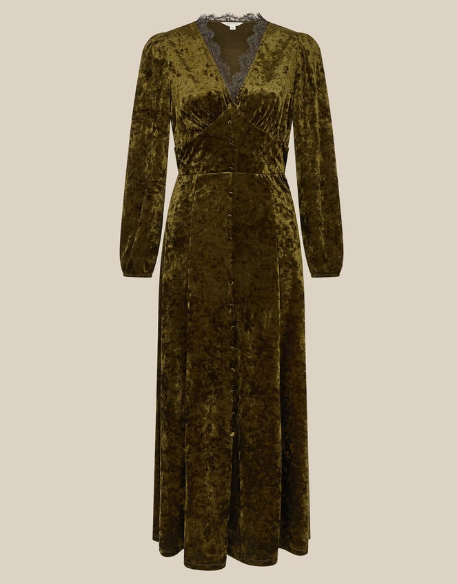 Jessi V-Neck Velvet Midi Dress, Green (KHAKI), large