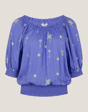 Emily Embroidered Puff-Sleeve Top, Blue (BLUE), large