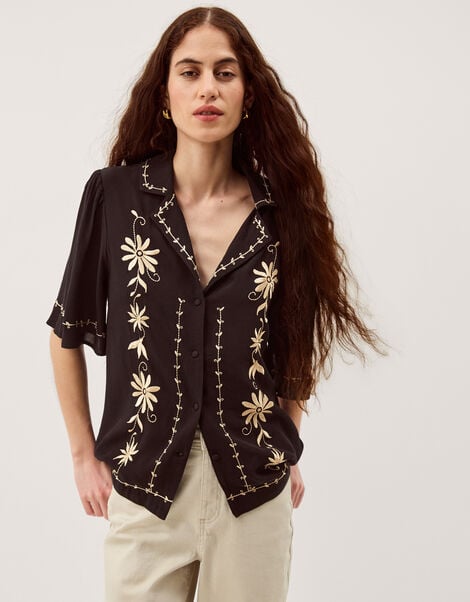 Wren Floral Embroidered Shirt, Black (BLACK), large