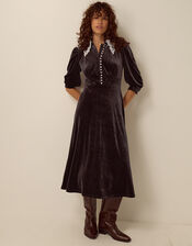 Leith Lace Collar Velvet Midi Dress, Brown (CHOCOLATE), large