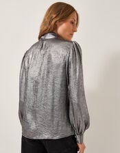 Milena Metallic Tie Neck Blouse, Silver (SILVER), large