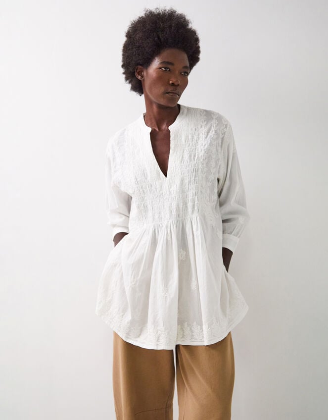 East Donnie Smocked Embroidered Top, White (WHITE), large
