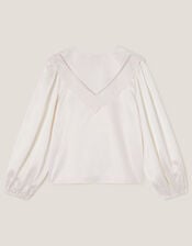 Embroidered Collar Satin Blouse, Ivory (IVORY), large