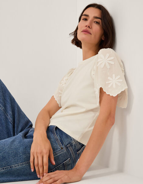Mel Appliqu&eacute; Sleeve Jersey T-Shirt, Ivory (IVORY), large