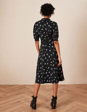 Floral Print Midi Shirt Dress, Black (BLACK), large