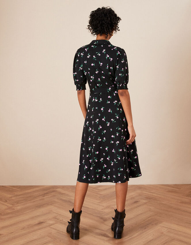 Floral Print Midi Shirt Dress, Black (BLACK), large