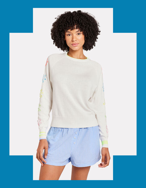 Wispr Floral Embroidery Crew Neck Jumper, White (WHITE), large