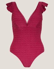 Kaylie Plunge Rib Ruffle Swimsuit, Red (BURGUNDY), large