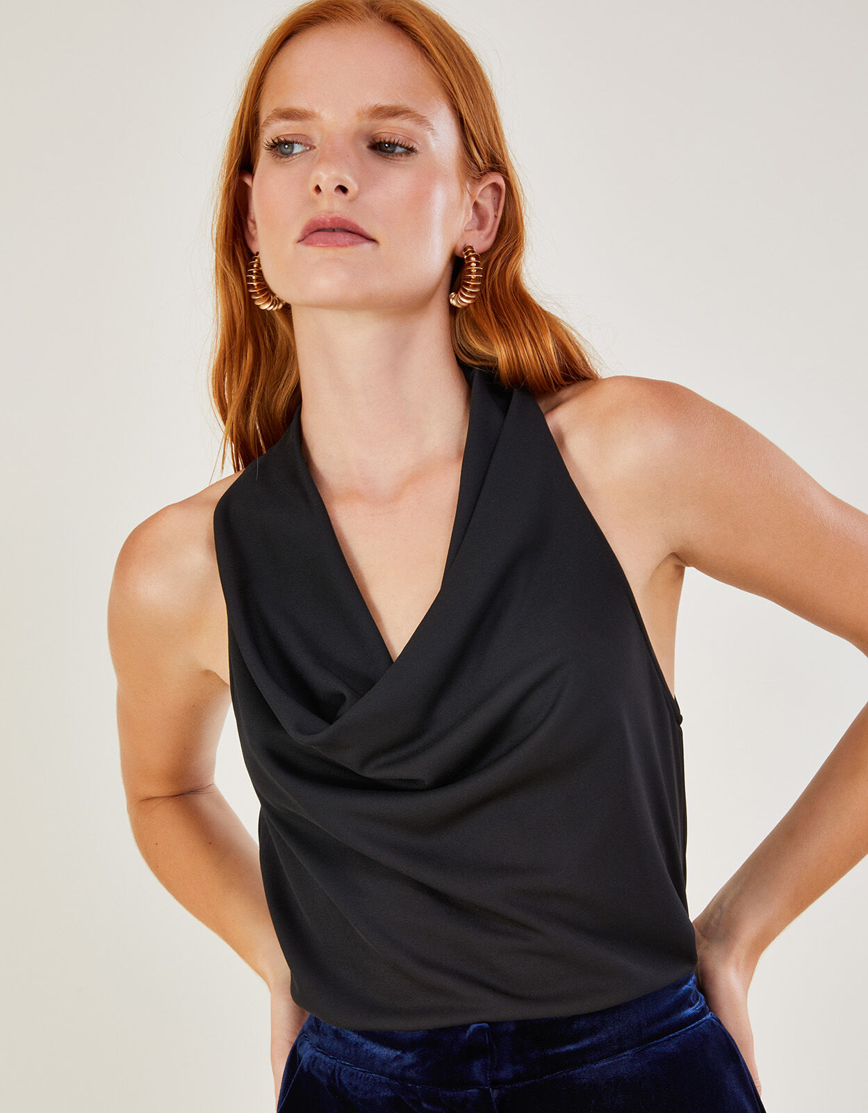 Crepe Cowl Neck Sleeveless Jersey Top Black