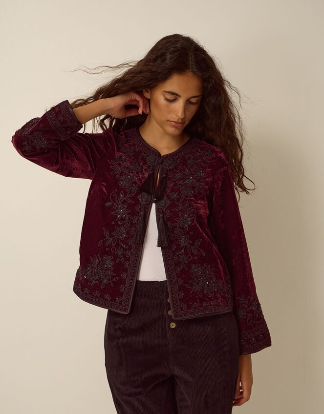Mila Embellished Velvet Jacket, Red (BURGUNDY), large
