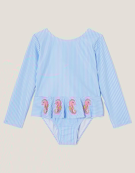 Baby Seahorse Stripe UPF50+ Long Sleeve Swimsuit, Blue (BLUE), large