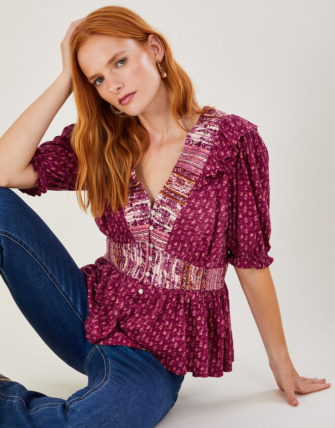 Deep V-Neck Frill Long Sleeve Jersey Top, Pink (PINK), large
