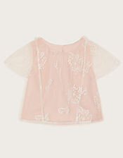 Harlyn Short Sleeve Embroidered Tulle Top, Pink (PINK), large
