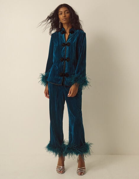 Quinn Faux Feather Velvet Trousers, Teal (TEAL), large