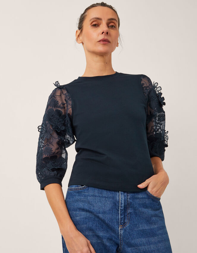 Fi Sheer Floral Appliqué Top, Blue (NAVY), large