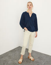 Plain Detail Linen Long Sleeve Top, Blue (NAVY), large