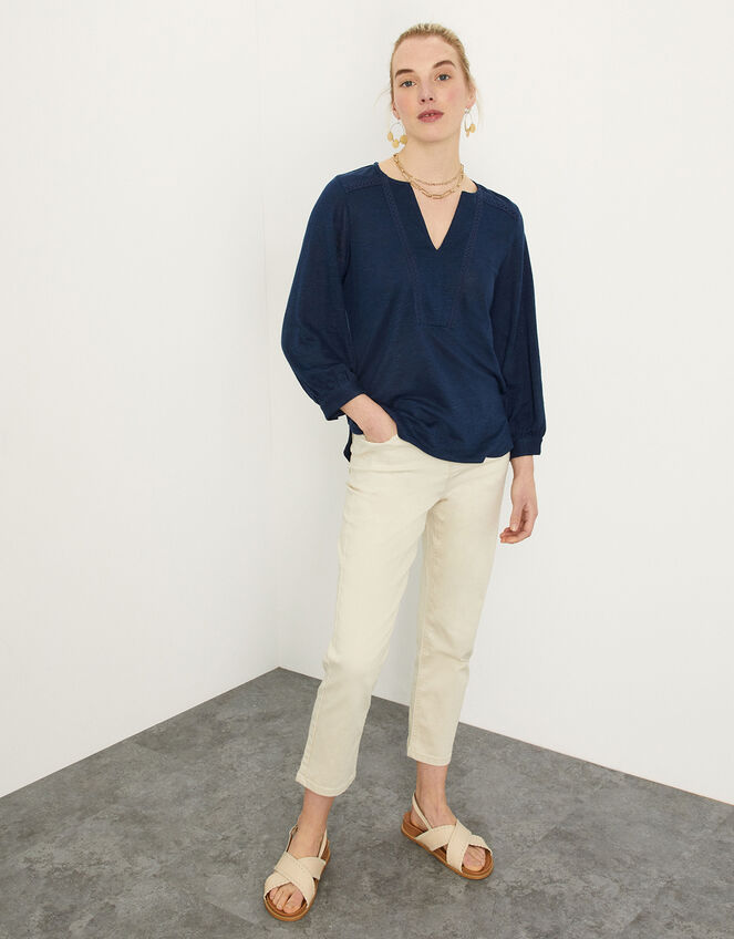 Plain Detail Linen Long Sleeve Top, Blue (NAVY), large