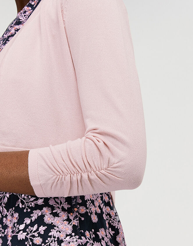 Riya Cropped Cardigan with Ruched Sleeves, Pink (BLUSH), large