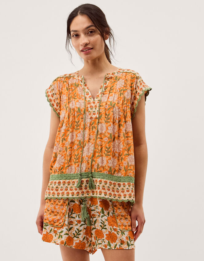 Carris Floral Scallop Trim Top, Orange (ORANGE), large