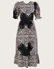 Scarf Print Poplin Midi Dress, Black (BLACK), large