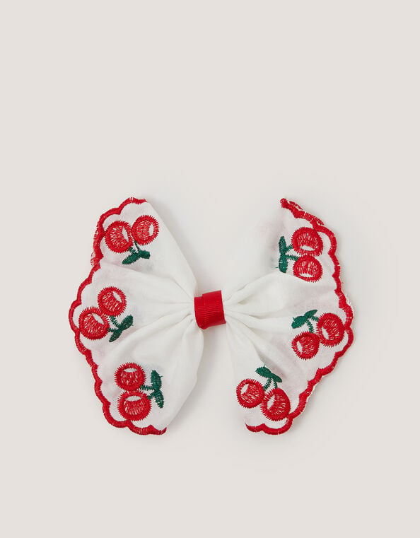 Cherry Embroidered Bow Hair Clip, , large
