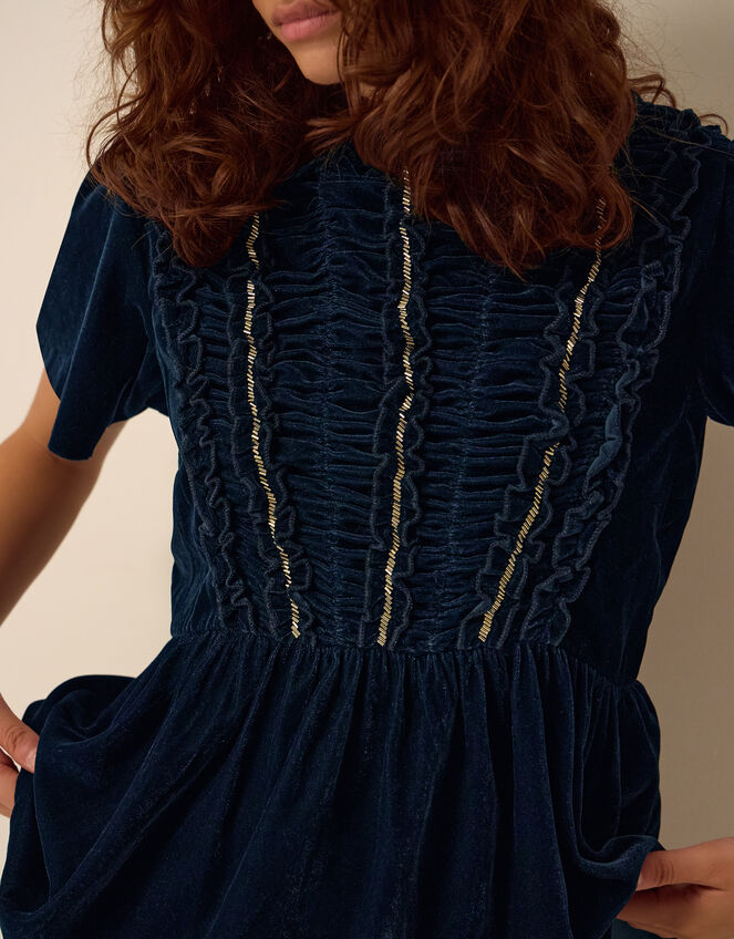 Clemence Eloise Short Sleeve Smocked Velvet Top, Teal (TEAL), large