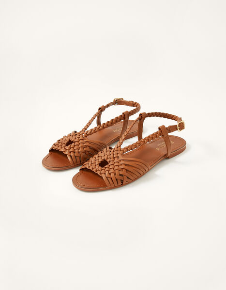 Plait Detail Leather Flat Sandals Tan, Tan (TAN), large
