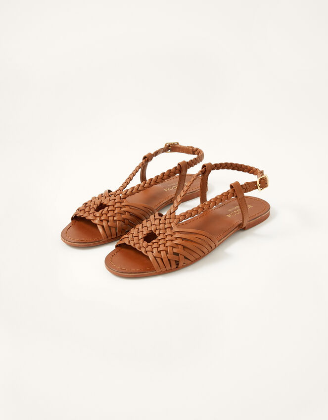 Plait Detail Leather Flat Sandals, Tan (TAN), large