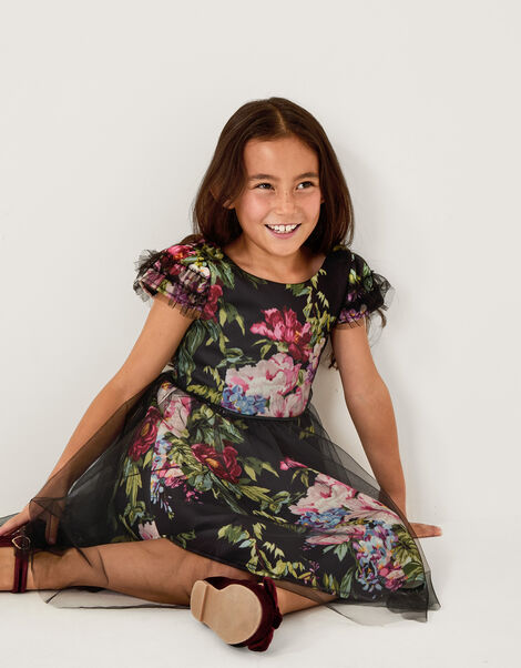 Floral Tulle Layered Party Dress, Black (BLACK), large