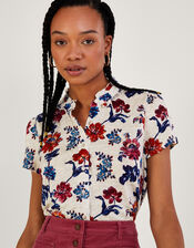 Printed Floral Cap Sleeve Linen Top, Multi (MULTI), large