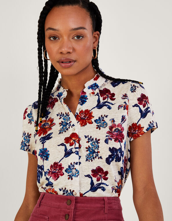 Printed Floral Cap Sleeve Linen Top, Multi (MULTI), large
