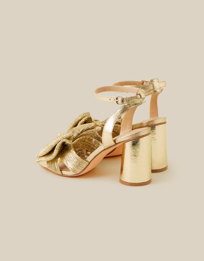 Metallic Bow Block Heel Sandals, Gold (GOLD), large